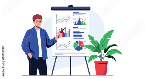 Professional man in glasses uses a pointer to explain various data charts and graphs displayed on a presentation board.