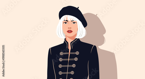 Portrait of a stylish young woman with a white bob haircut wearing a black beret and a decorative military-style jacket.