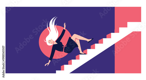 Dramatic illustration of a woman in a dark dress falling backwards down a flight of stairs against a purple background.