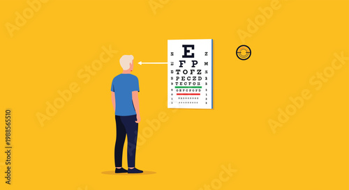 Man stands in front of a standard Snellen eye chart during a vision test at an optometry clinic with a yellow background.
