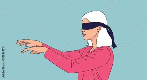 Blindfolded woman with white hair stretches her hands out while walking forward in a conceptual image about uncertainty.