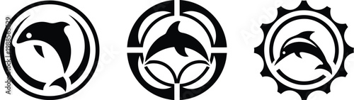 Dolphin silhouette logo set with circular and gear-style emblem borders, Minimalist marine mammal icons in industrial and geometric vector frames