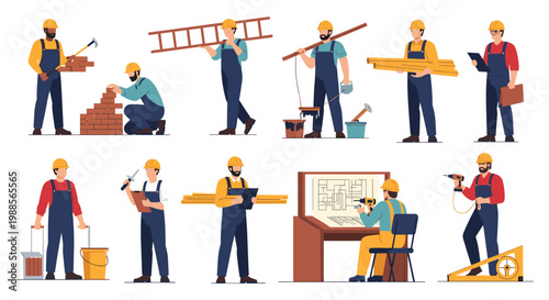 Professional construction workers in various roles including bricklaying, carrying materials, and architectural planning on white background.