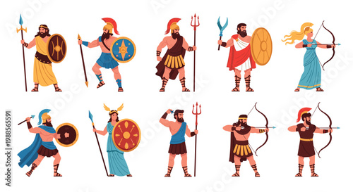 Illustrated set of ancient Greek gods and goddesses with their traditional symbols including Zeus, Athena, Poseidon, and other deities.