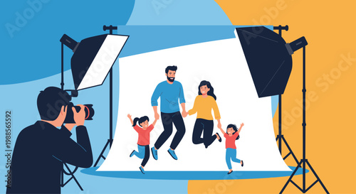 Professional photographer taking a picture of a happy family jumping together in a photo studio with modern professional lighting equipment.