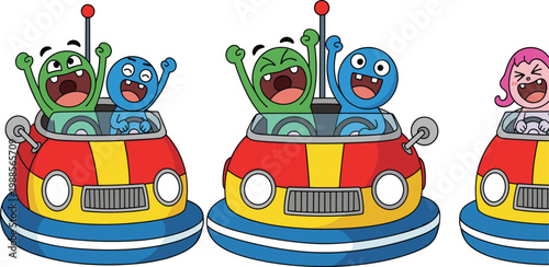 Funny Cartoon Bumper Car Ride with Happy Kids Characters Amusement Park Fair Attraction Colorful Entertainment Vector Illustration Set