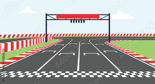 View of an empty professional racing circuit start and finish line with checkered markings, red barriers, and green grass on a sunny day.