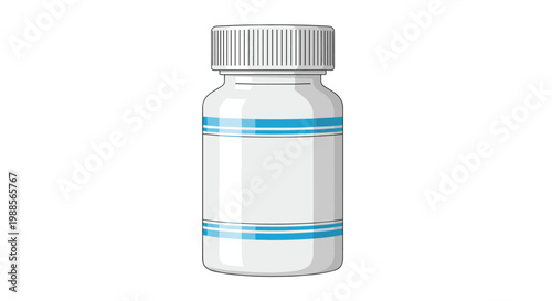 Single white plastic medicine bottle with a blue and white pharmaceutical label and ribbed cap isolated on a clean white background.
