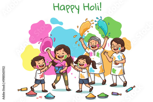 Happy Holi celebration with colorful splashes, family enjoying the festival of colors with joy and fun
