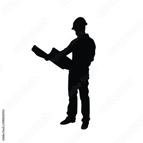 Silhouette of a construction worker holding blueprints on a white background