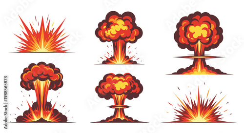 Set of various nuclear explosion mushroom clouds and fire blasts on a white background in a detailed cartoon or comic book style.