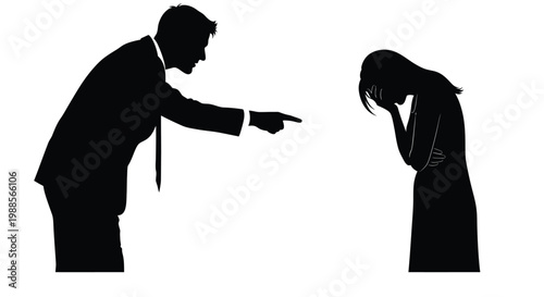 Angry man in a suit pointing a finger at a crying woman who feels very sad