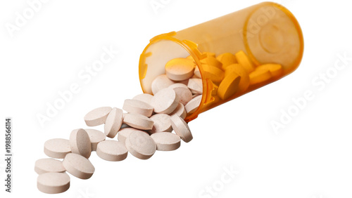 Bild auf Leinwand Prescription Pill Bottle with Round White Pills Spilled Out Isolated on Plain Wh