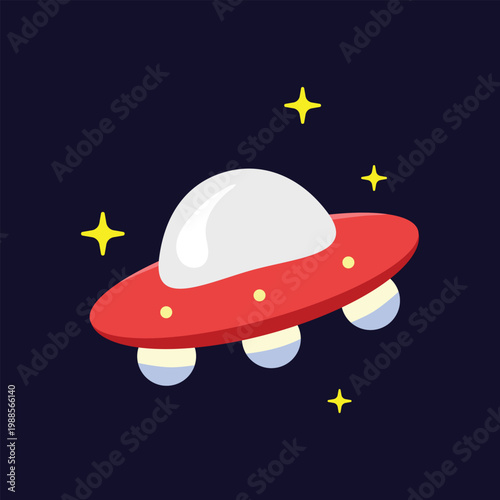 Retro style flying saucer ufo with lights and stars in outer space cartoon illustration