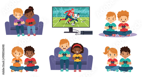 Group of diverse happy children playing video games on a console with handheld controllers in various comfortable indoor settings.