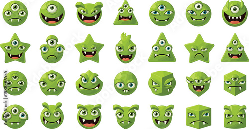 Green Cartoon Monster Faces Collection with Funny Cute and Scary Emotions Alien Characters Set for Halloween Games Stickers Vector Illustration