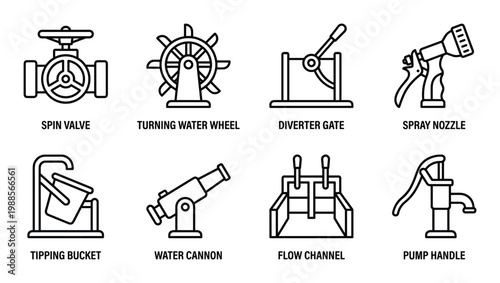Water play mechanisms spin valve turning wheel diverter gate spray nozzle tipping bucket cannon.