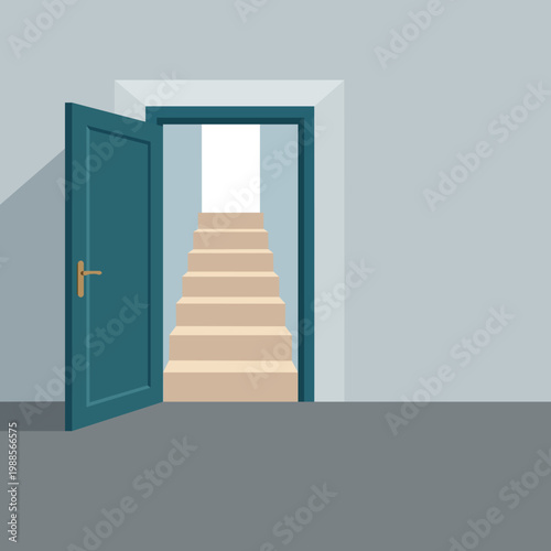 Open door with stairs upward opportunity growth concept with copy space for text.