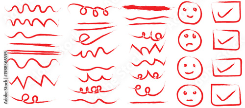 Red pencil hand drawn. Hand drawn doodle design elements, charcoal or pencil drawn punctuation marks.  Hand drawn brush stroke elements.