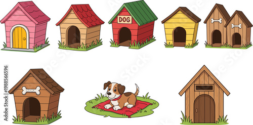 Cute Dog House Collection with Cartoon Kennels Puppy and Wooden Pet Shelters Colorful Outdoor Animal Homes Vector Illustration Set