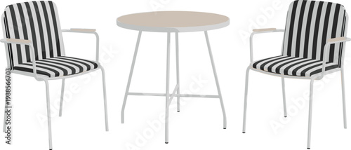 Modern Outdoor Patio Furniture Set with Two Striped Chairs and Round Table Minimalist Garden Terrace Balcony Seating Vector Illustration