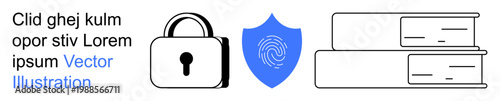 Cybersecurity, data protection, identity verification, online safety, digital authentication, technology education. Lock, shield with fingerprint and books. Cybersecurity and data protection concept