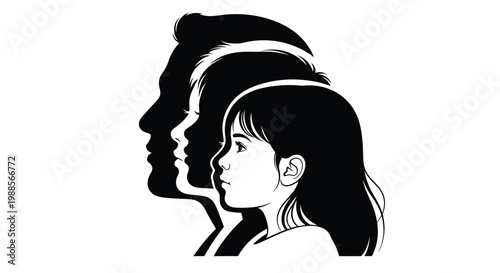 Silhouette profiles of a father mother and young daughter standing together in a simple artistic design