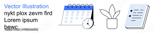 Time management, productivity, organization, planning tools, scheduling, office decor. Features a calendar, clock plant and document. Time management and productivity concept