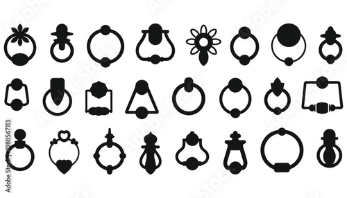 set of black door knockers shapes knocker door collection, antique style hardware set showcasing traditional metal craftsmanship and elegant entrance accessories for historic architecture concepts.