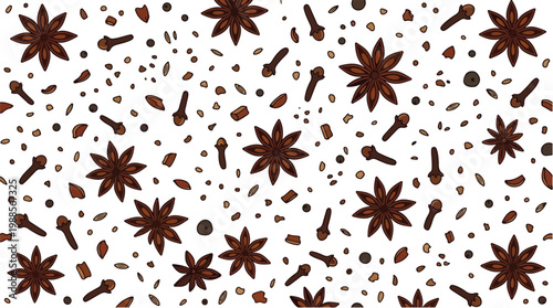 Close up pattern of star anise spices and seeds scattered on a white background for culinary design