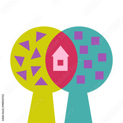 Concept of connection, collaboration and shared thinking. Different perspectives combine to create new meaning, ideas and solutions. Metaphor of synergy, communication, creativity and interaction.