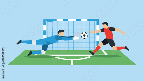 Vector soccer player shooting ball at goal with diving goalkeeper