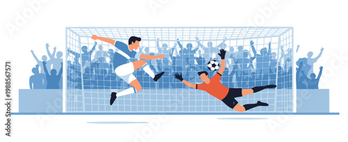 Football Player Kicking Ball to Goal and Goalkeeper Diving Save Vector Illustration