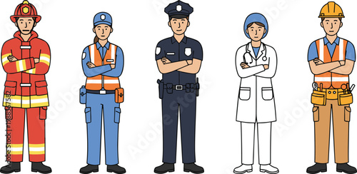Flat design illustration of essential service professionals including firefighter police officer doctor and construction worker vector.