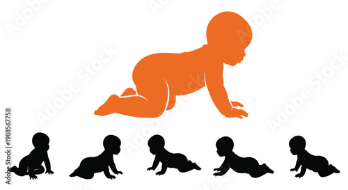 Vector illustration of cute baby silhouettes demonstrating different stages of crawling and early childhood development