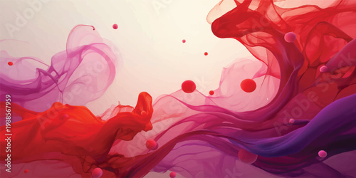 Abstract watercolor background featuring red and yellow paint splashes with a floral vector illustration of a pink butterfly and heart shapes for a romantic nature design