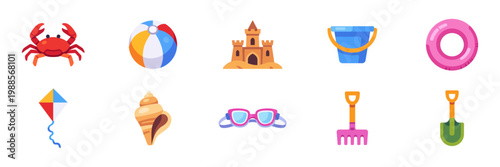 Set of beach kids activities icons, summer seaside play and swim symbols, colorful collection with illustrations