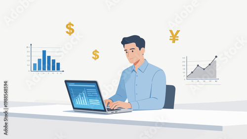 Businessman working on laptop with financial charts