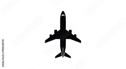 A minimalist black silhouette depicts an airplane viewed from directly above against a white background