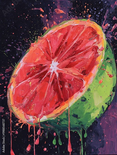 A vibrant grapefruit half with juice splashes against a dark background, a beautiful piece of art. The juicy and refreshing fruit is ready to be eaten.