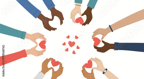 Diverse hands holding hearts in unity.