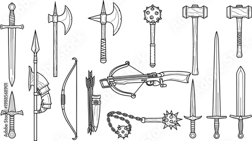 Medieval Weapons Icon Set with Sword, Axe, Spear, Hammer, Bow, Crossbow, Mace and Knight Armor for Game, History, and Fantasy Designs