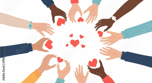 Diverse hands holding red hearts together.