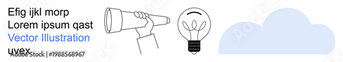 Business strategy, idea generation, foresight, innovation, technology, creativity. Hand holding a telescope, light bulb and cloud illustration. Innovation and foresight concepts