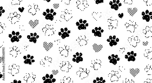 Seamless pattern with paw prints and hearts, dither