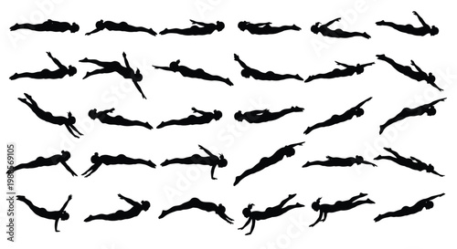 Multiple silhouettes of a woman performing various swimming strokes and diving positions in professional sports training