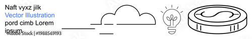 Cloud computing, innovation, financial growth, sustainability, creative solutions, business technology. Minimal line art of a cloud, lightbulb and coin. Cloud computing and innovation concept