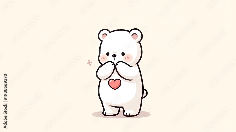 Fototapeta premium A cute cartoon bear with a heart on its belly standing on a plain background