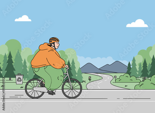 Man riding bicycle through countryside road sustainable lifestyle outdoor illustration