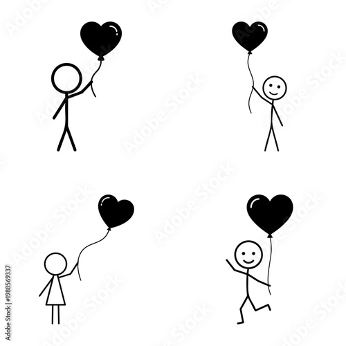 Cute stickman with heart balloon icon set vector illustration graphic design